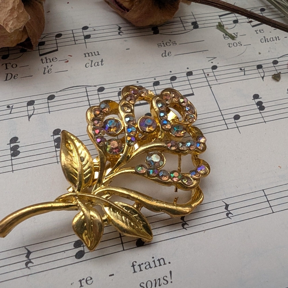 Gold Floral Brooch with Colorful Rhinestones